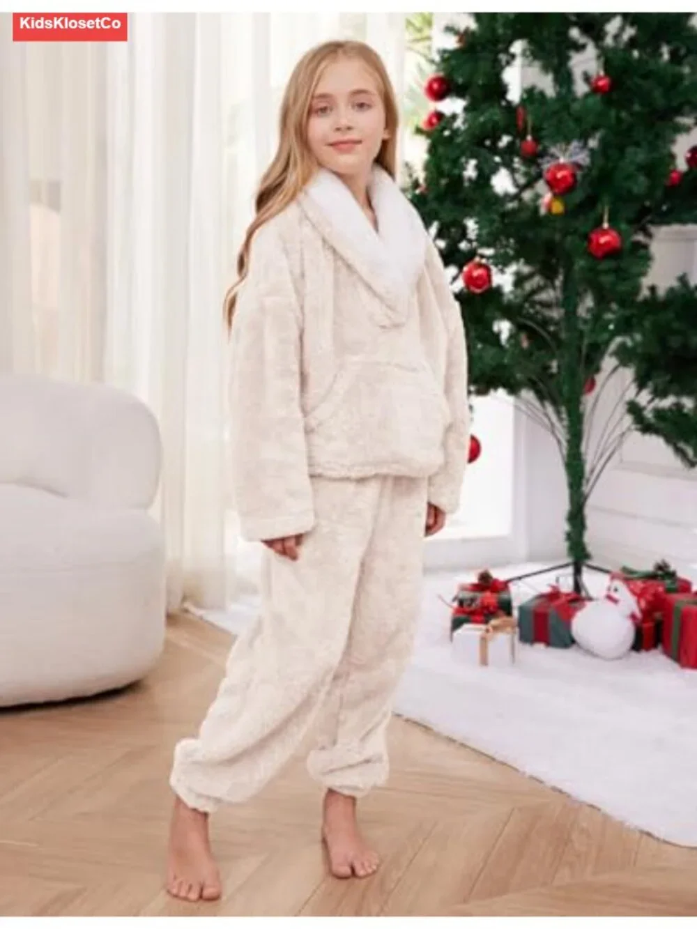 Girls Fleece Pants Set Fuzzy 2 Piece Outfit Lapel Collar Pullover Sweatshirt